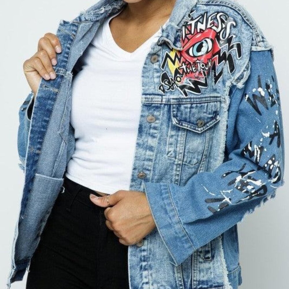 Distressed Graffitti Patchwork Denim Jacket - image 7